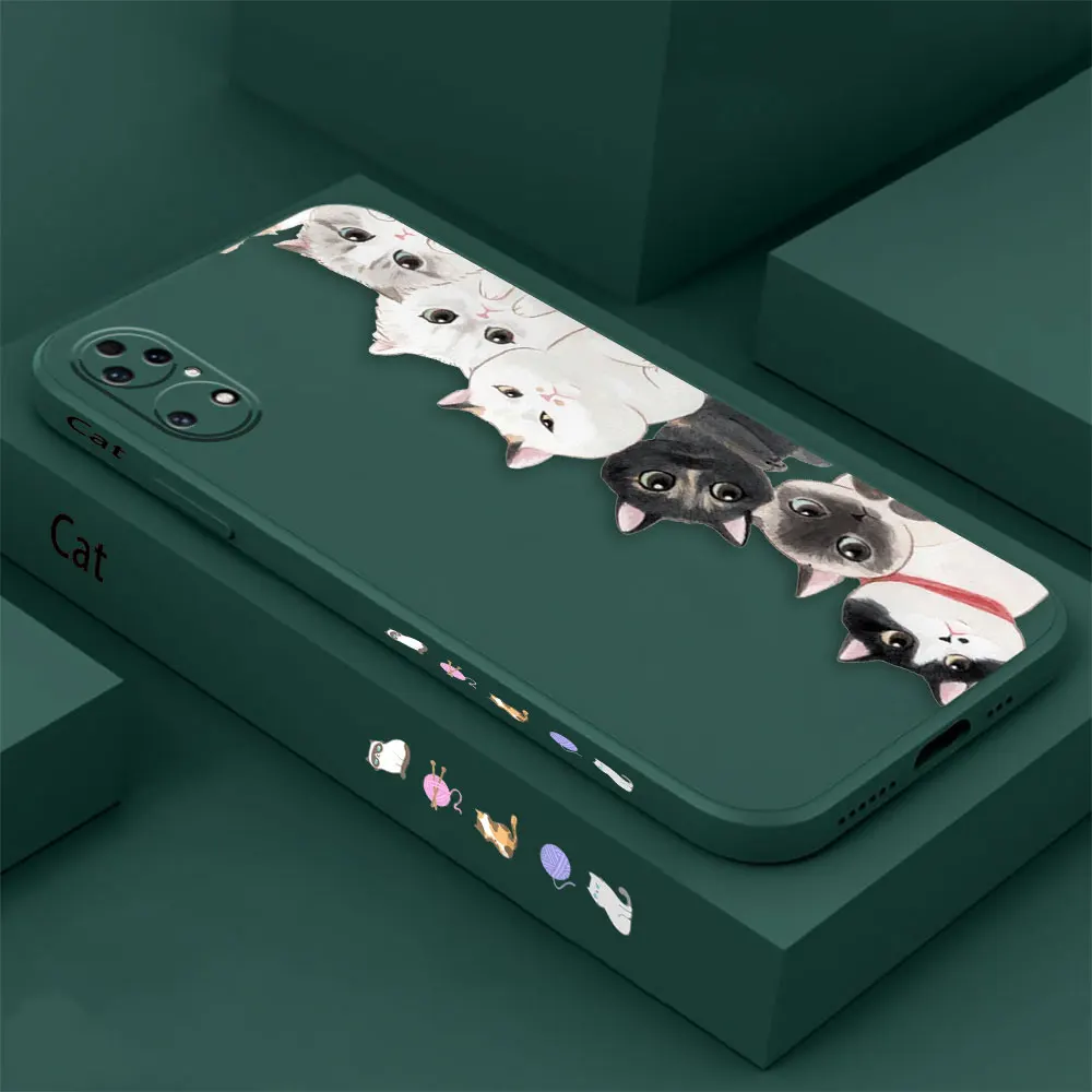 Simple Cute Cat Pattern Phone Case For Huawei P60 P50 P40 P30 P20 Mate 50 40 30 20 20X 10 Colour Liquid Silicone Cover Funda