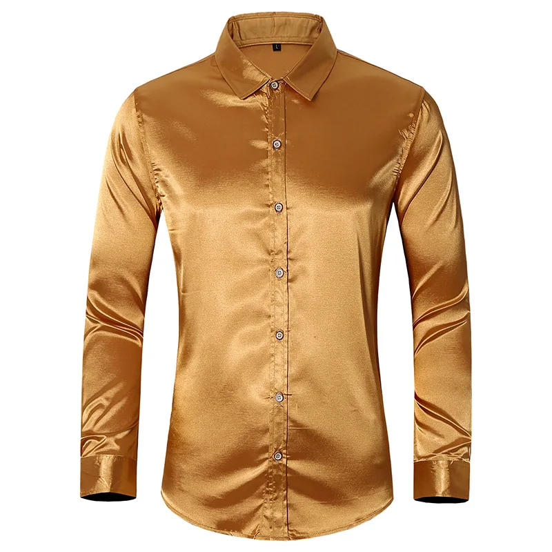 

Mens Gold Shiny Satin Dress Shirts Long Sleeve Slim Fit Wrinkle Free Shirts Wedding Party Luxury Social Shirt Chemise Homme 7XL