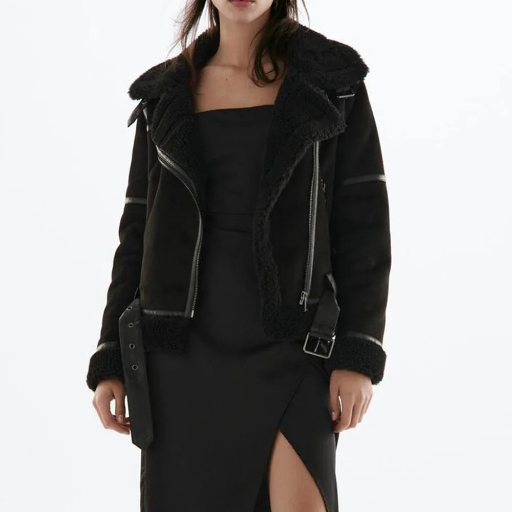 

2022 Winter Women Thick Warm Suede Lamb Jacket Short Motorcycle Brown Coats Faux Sheepskin Leather Jackets Outwear