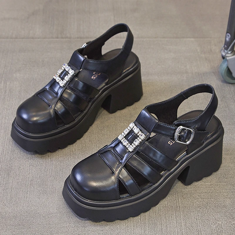Rhinestones Deco Genuine Leather Punk Women's Sandals Soft Buckles Wearing Platform Buckle Casual Woman Sandals Female Shoes