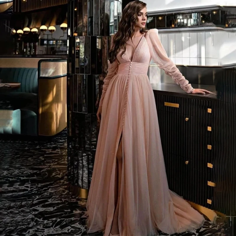 

Женское вечернее платье-трапеция с разрезом, V-образным вырезом, длинным рукавом и пуговицами