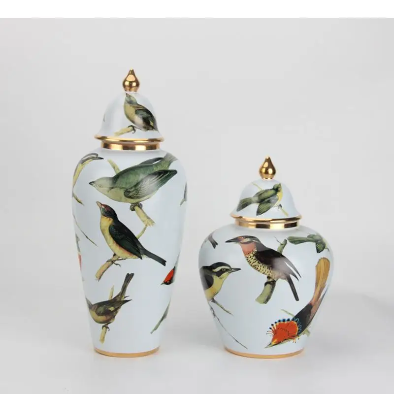 Słoik do przechowywania wzorów sroki z pokrywkami Pozłacane wazony ceramiczne Układ kwiatowy Ptak Malowane słoiki na biżuterię Pojemniki