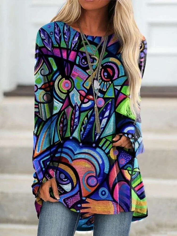 

funny Abstract Printed Shirt Women Long Sleeve Face Print Blouse Tops Elegant O Neck Pullover Irregular Tops Shirt Oversize