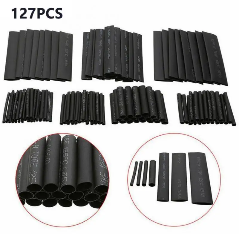 

127pcs Heat Shrink Tube 2/2.5/3.5/5/7/10/13mm 2:1 Black HeatShrink Tubing Shrinkable Sleeving Wrap DIY Wire Cable