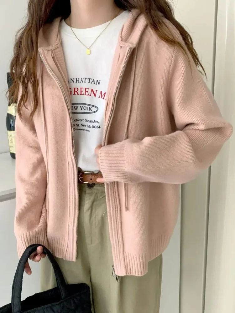 

Double Zipper Sweater Coat for Women Spring Autumn Winter Hooded Loose Solid Outerwear Casual Thickened Sweater Cardiga
