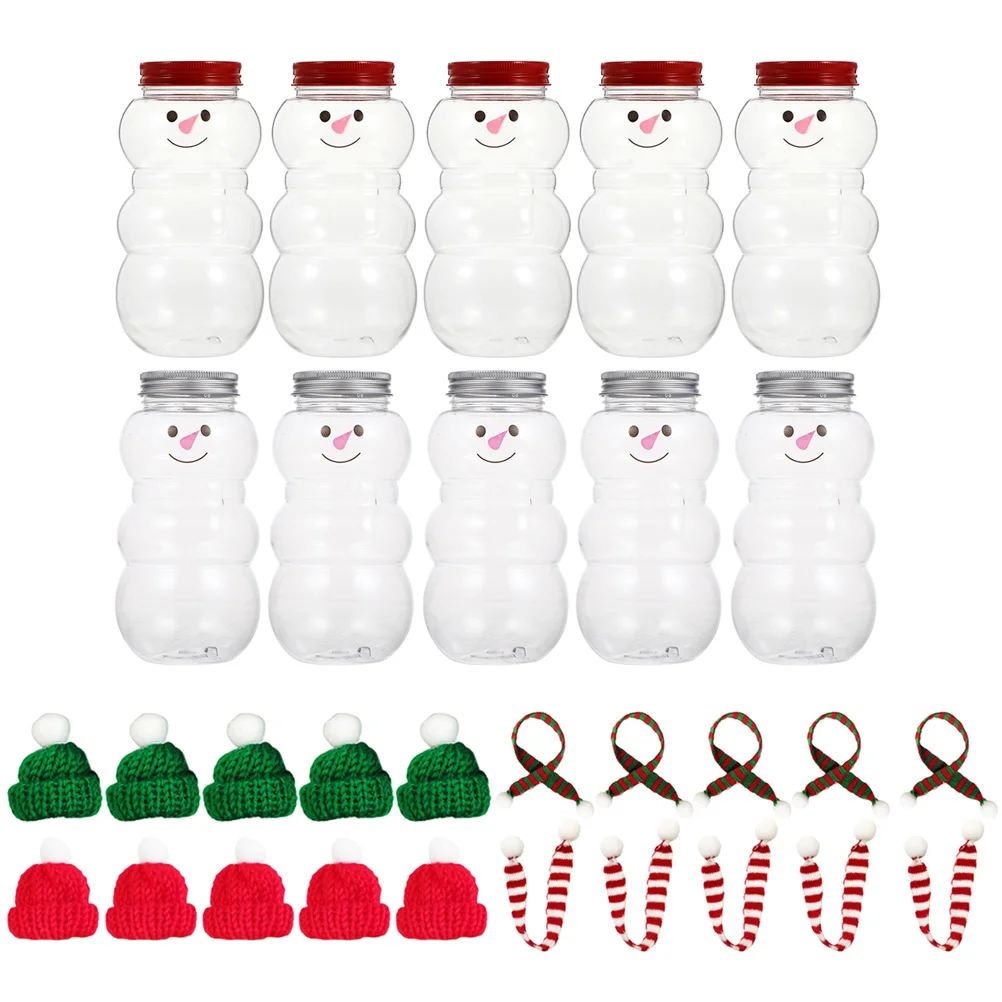 

10 Sets Empty Juice Bottles with Hats and Scarves Snowman Beverage Bottles