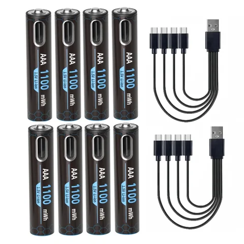 Перезаряжаемая батарея AAA 1,5 В, 1100 МВтч, литиевая USB-батарея типа C для игрушечной батареи с пультом дистанционного управления и зарядным кабелем