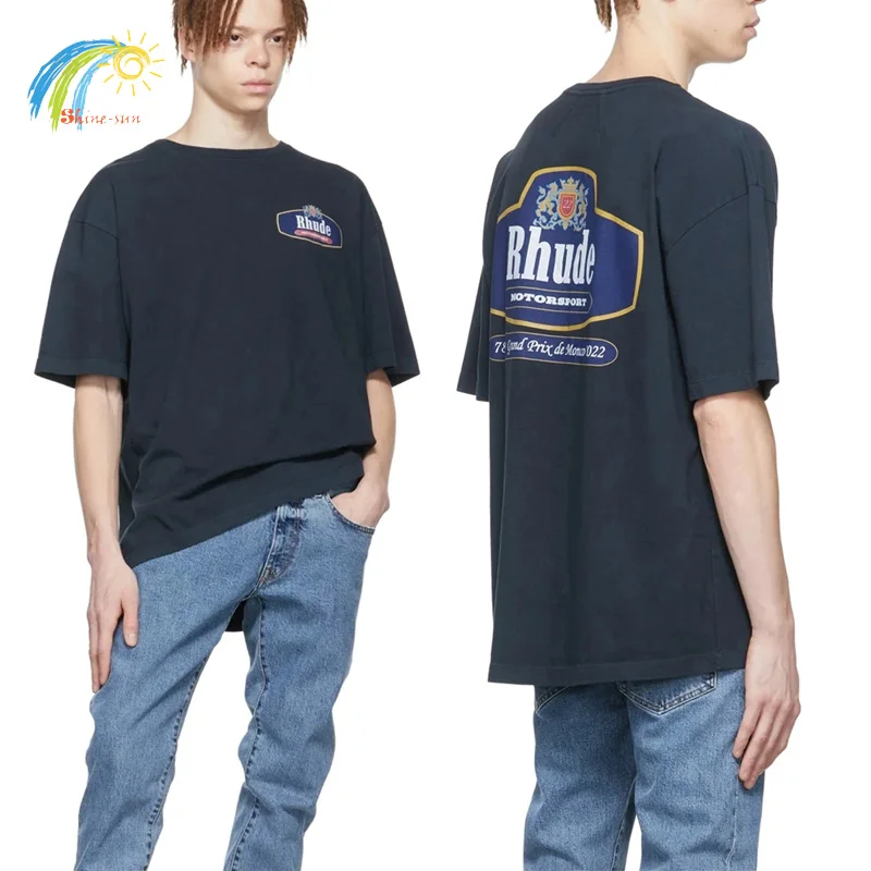 

Summer 2023 New Simple Motorsport Letter Printing Classic Top Tee RHUDE Black White Apricot Women Men's Casual Oversized T Shirt