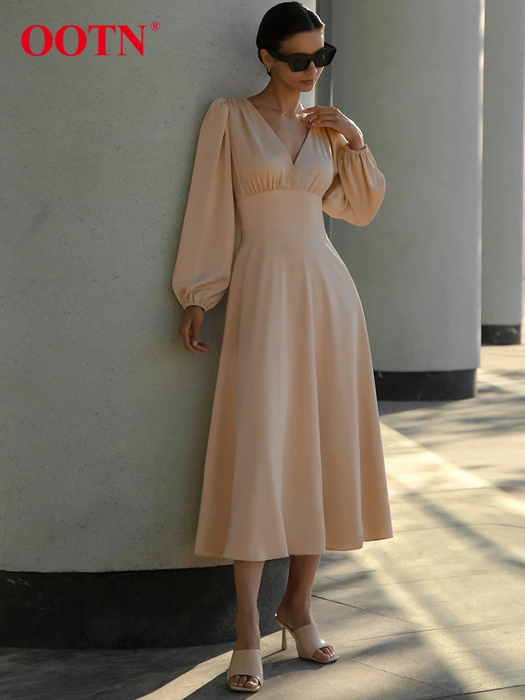 

OOTN Elegant Satin Lantern Sleeve Dress For Women V Neck Solid Long Sleeve Sexy Dresses 2023 Casual Chic Midi Slim Dress Robe
