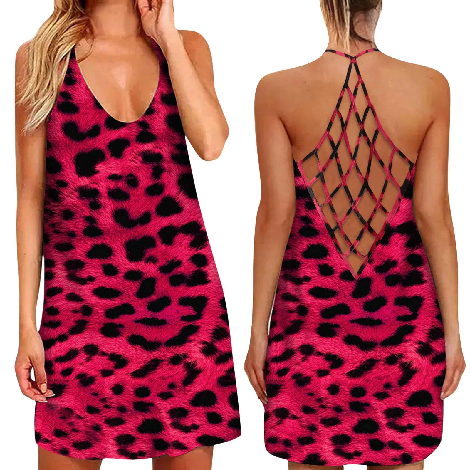 

Womens Casual Backless Leopard Print Hobo Dress Halter-neck Sleeveless Sexy Tank Dresses Beach Hollow Open Back Loose Sundress