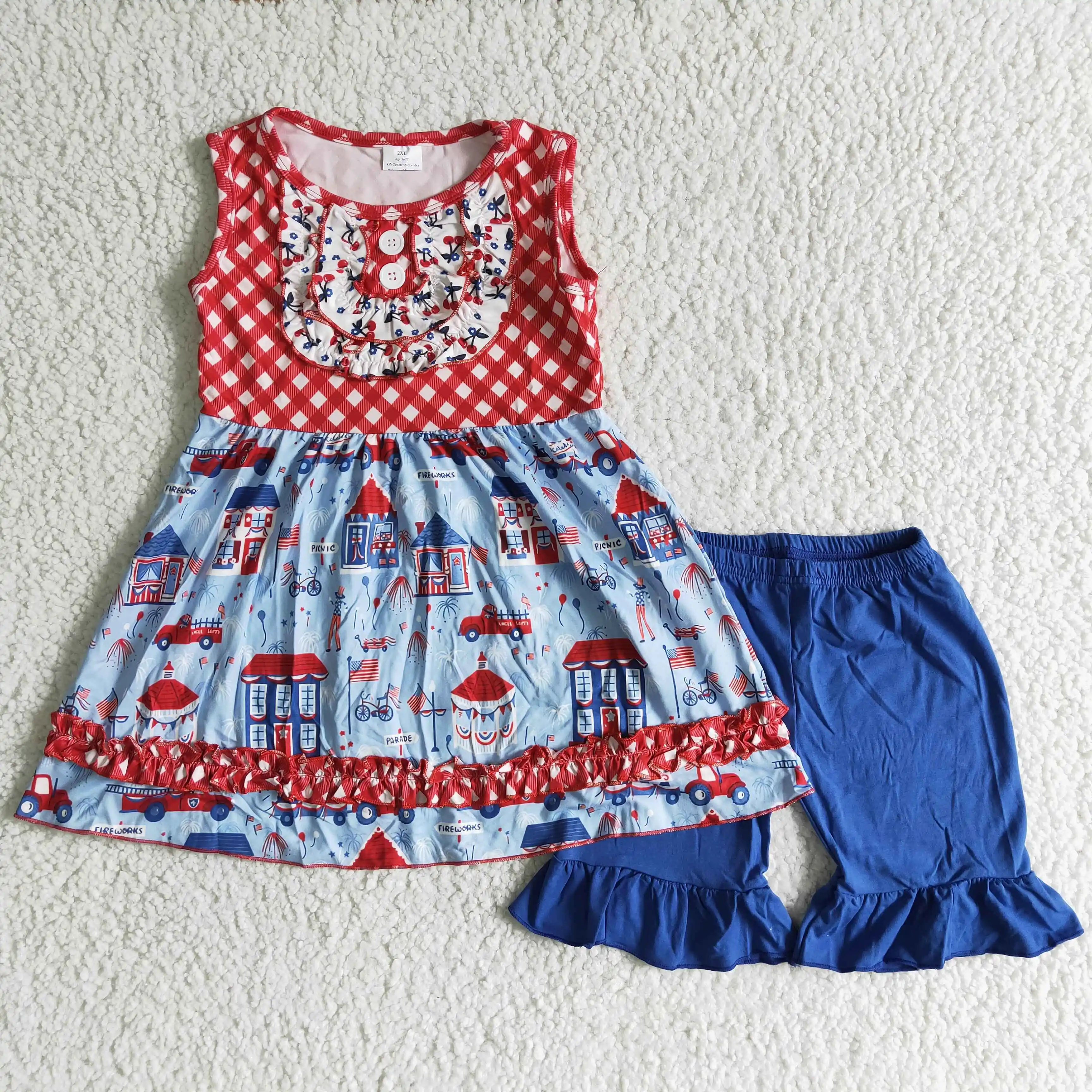 

RTS Red Plaid Girls Clothes Sleeveless Red BlueShorts Sets Children Wear