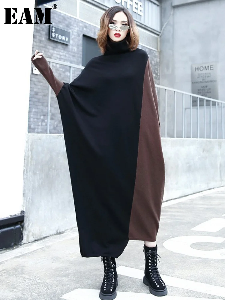 

[EAM] женское цветное вязаное длинное платье большого размера, новая водолазка с длинным рукавом, свободный крой, весна-осень 2023 1DF1704