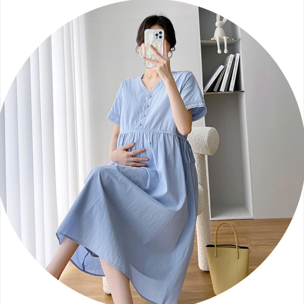 Summer Korean Fashion Patchwork Maternity Straight Dress Sweet Lovely V neck Loose Clothes for Pregnant Women Pregnancy vestidos enlarge
