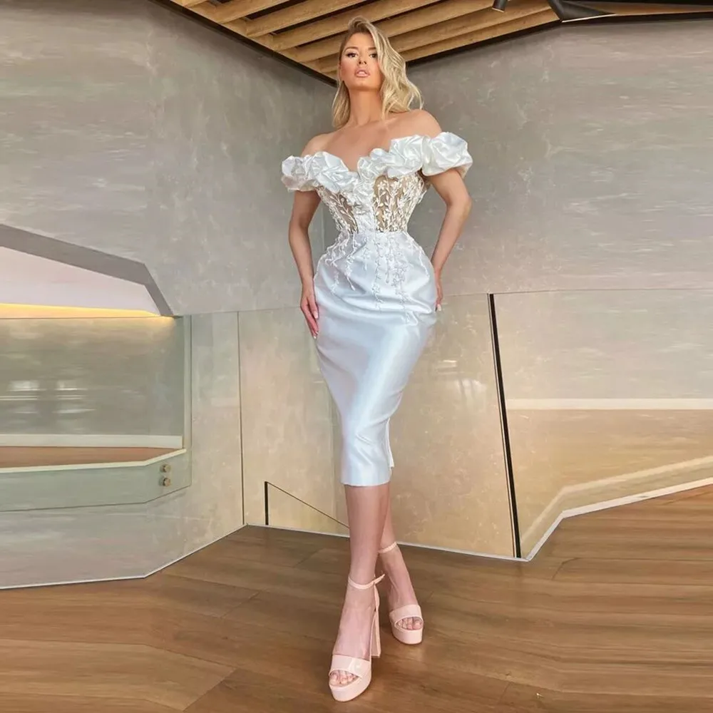 

2022 Holy White Short Evening Dresses Lace Strapless Wedding Party Gowns Off Shoulder Sleeves Tea Length Prom Gown