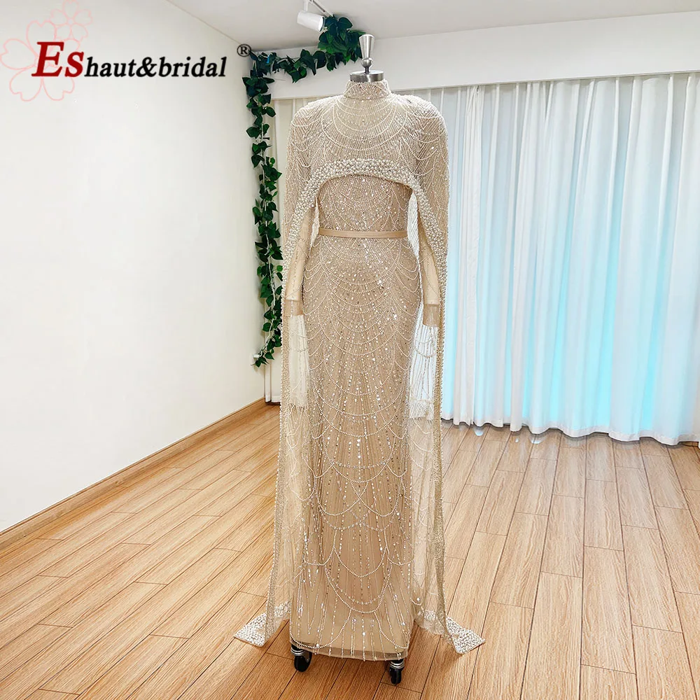 

Luxury Pearls Dubai Arabic Evening Graduation Dress with Cape 2023 Mermaid Long Sleeves Formal Prom Wedding Party Gown for Women