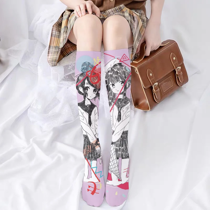 

New Cartoon Anime Personality Women Mid-Tube Stockings Sweet JK Girl Printed Calf Stockings Thin Silk Elastic Pink Long Socks