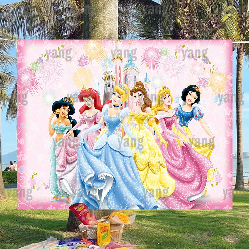 

Girls Aurora Baby Princess Happy Birthday Disney Party Flowers Pattern Cartoon Cinderella Colorful Fireworks Background Backdrop