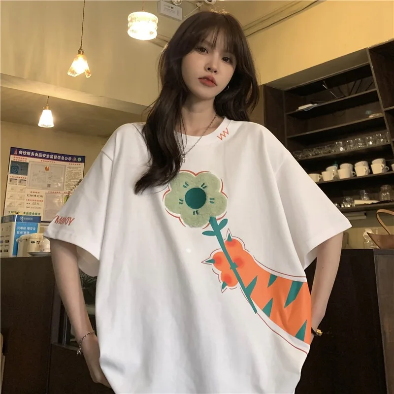 

Summer women's ins medium long white short sleeved T-shirt loose design sense of minority pants missing chic top fashion