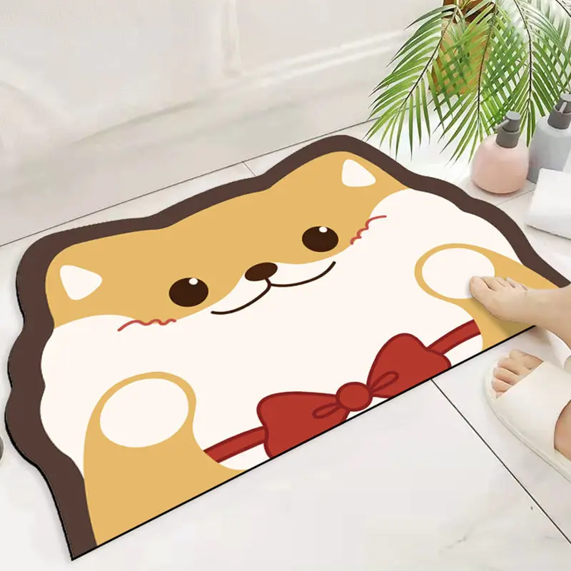 

Korean Cartoon Door Mat Shiba Inu Cat Bathroom Bath Mat Washable Anti-slip Bathtube Side Foot Pad Super Absorbent Quick Dry Rugs