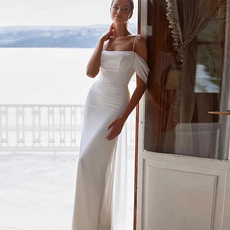 

Spaghetti Straps Beads Cape Slit Lace Up Backles White Wedding Dress Women Simple Soft Satin Sheath Beach Party Gowns 2023 NEW