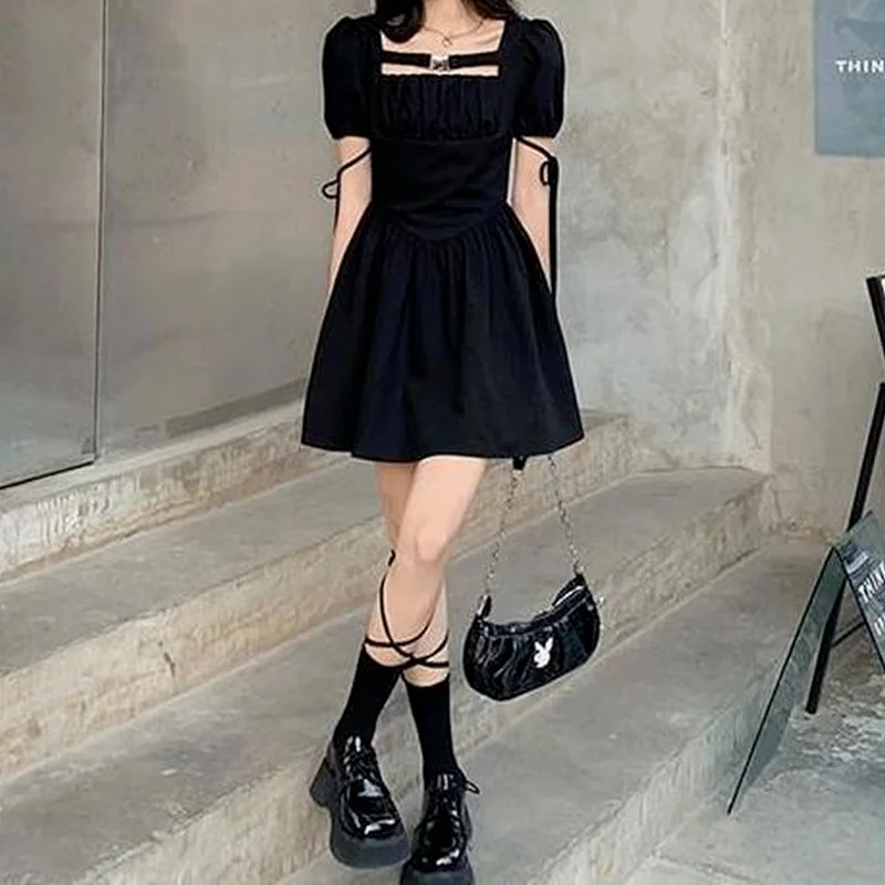 

Женское короткое платье с запахом, готическое черное облегающее платье мини с пышными рукавами и квадратным вырезом, лето 2022