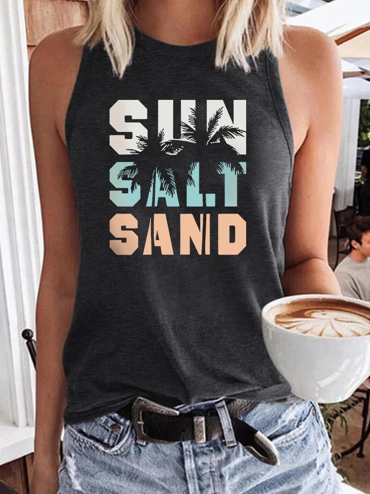 

Fashion Women Graphic Tank Tops Sun Salt Sand Beach Coconut Tree Shirts Sleeveless Summer Tee T-Shirts Vacation Workout Casual