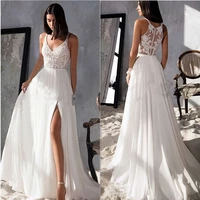 2022 simple v neck front high split wedding dresses for women custom made lace appliques chiffon spaghetti straps bridal gowns