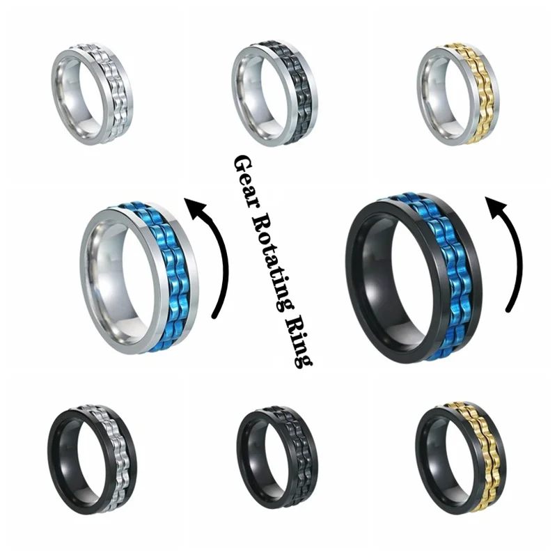 

Fashion Punk Style Gear Rotating Anxiety Fidget Ring Titanium Steel Chain Spinner Rings For Men Rock Biker Wedding Party Jewelry