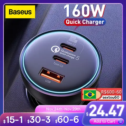 Автомобильное зарядное устройство Baseus 160 Вт QC 5,0 Быстрая зарядка для iPhone 13 12 Pro USB Type C быстрое зарядное устройство для ноутбуков автомобильно...