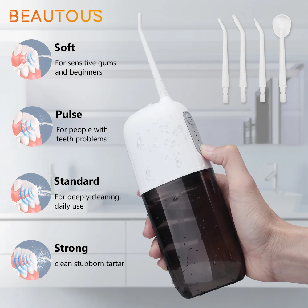 

Beautous Oral Irrigator USB Rechargeable Water Flosser With 4 Nozzles Portable Dental Water Jet 200ML Water Tank Teeth Cleaner