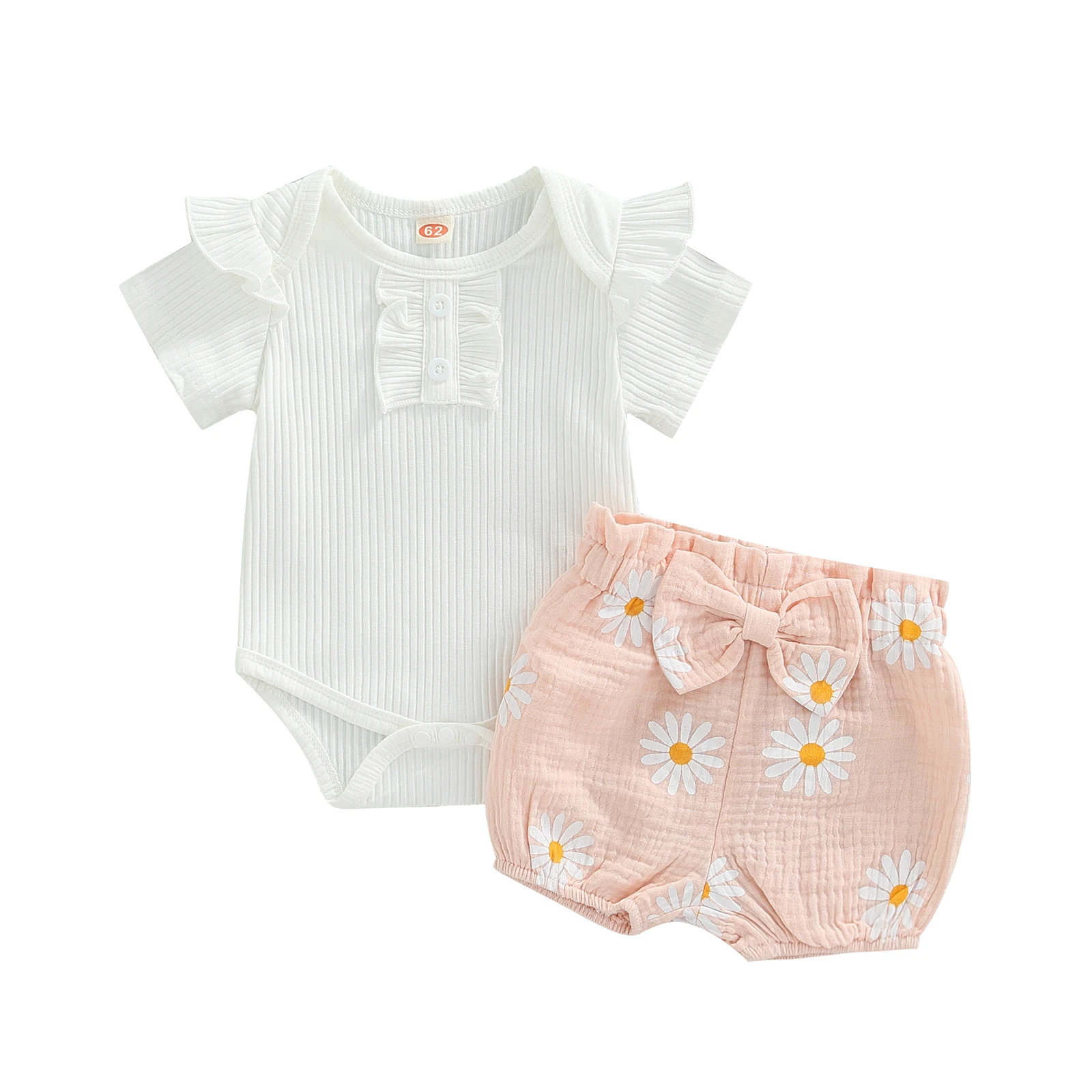 

Baby Girls 3Pcs Summer Outfits 0-18 Months Short Sleeve Ribbed Knit Ruffle Romper + Daisy Shorts + Headband Set