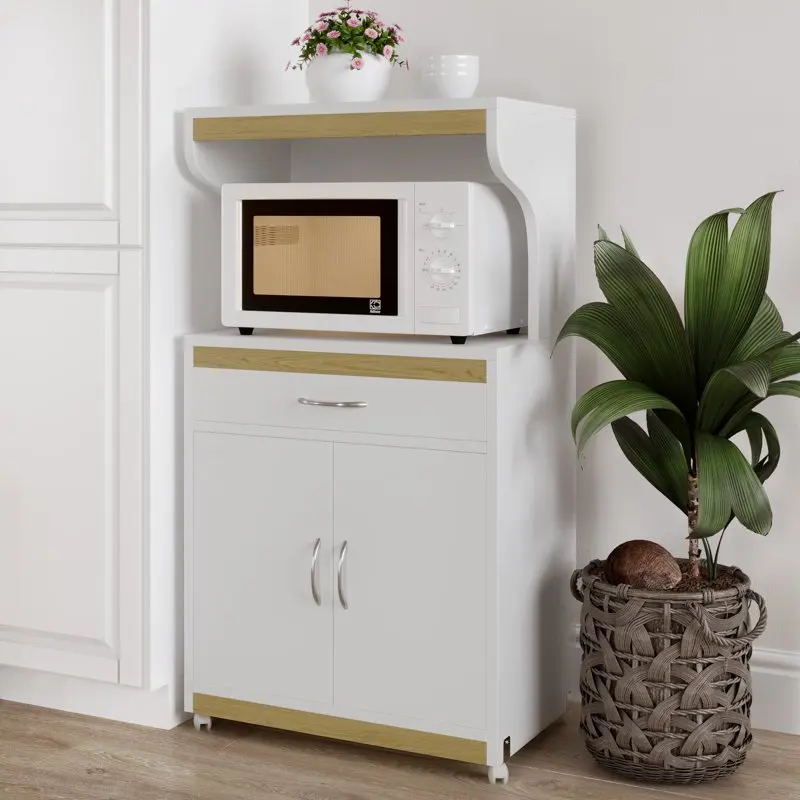 

Stand with Storage – Rolling White Cabinet with Doors, Drawer, and Locking Wheels, White and Oak