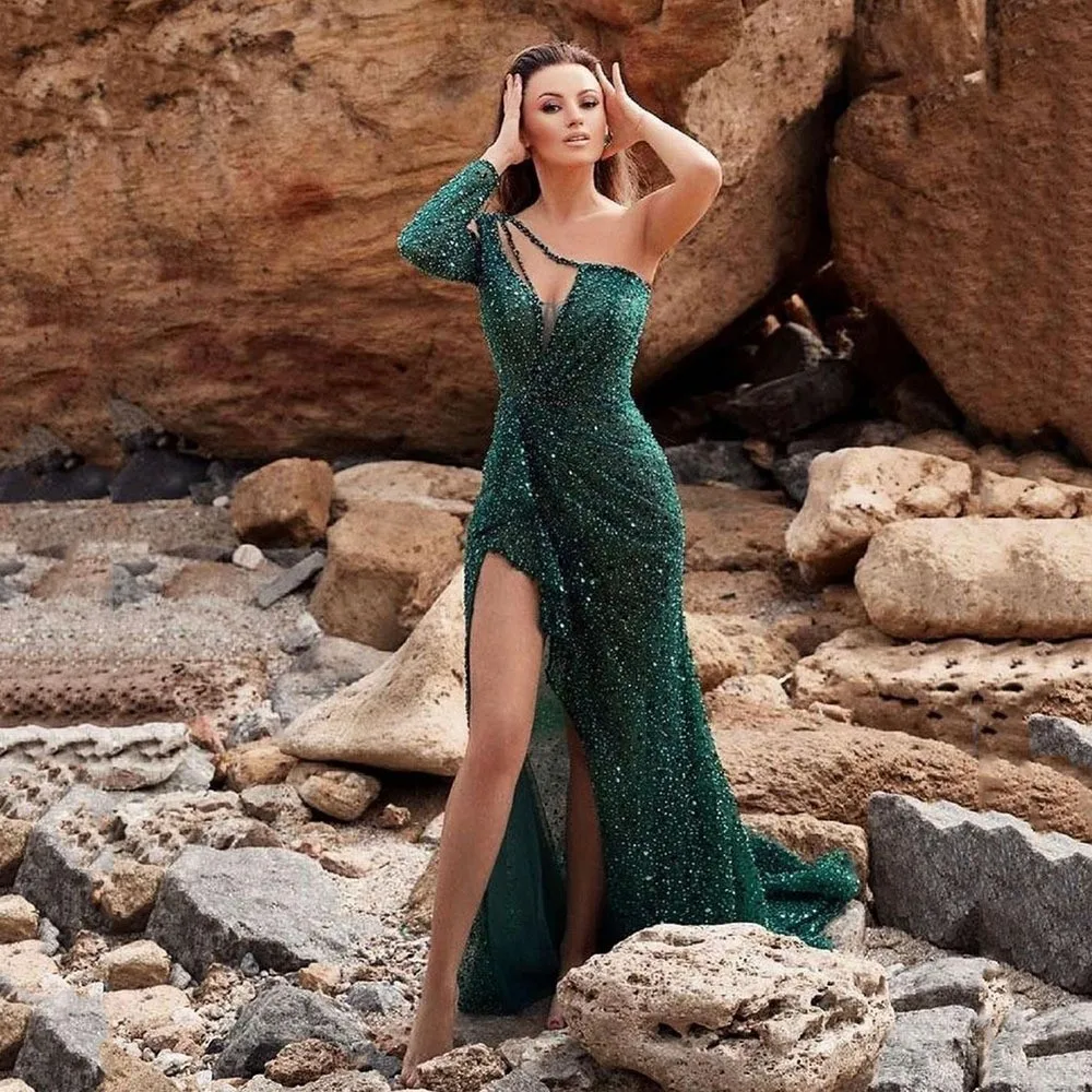 Celebrity Party Party Quality Sexy High Split Long Sleeve Sequins Party Evening Dress