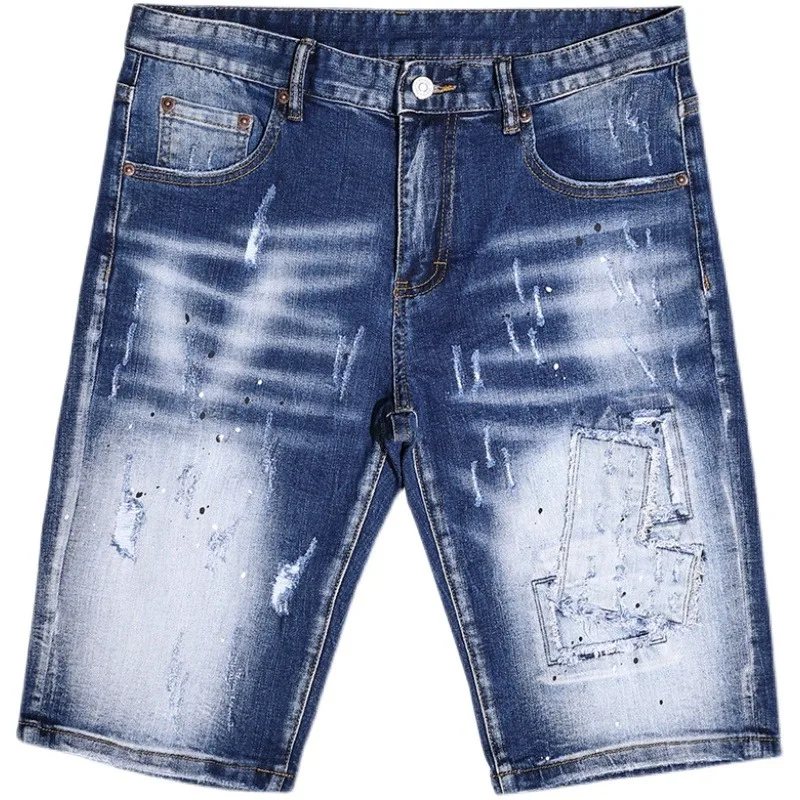 Ripped Denim Shorts Men Fashion Patches Short Jeans Summer Streetwear Casual Dots Printed Blue Stretch Straight Slim Fit Pants