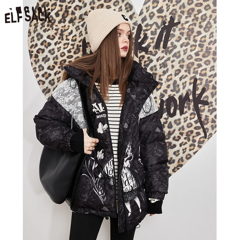 ELFSACK Spliced Black Down Coats Women 2022 Winter New Thick Coats
