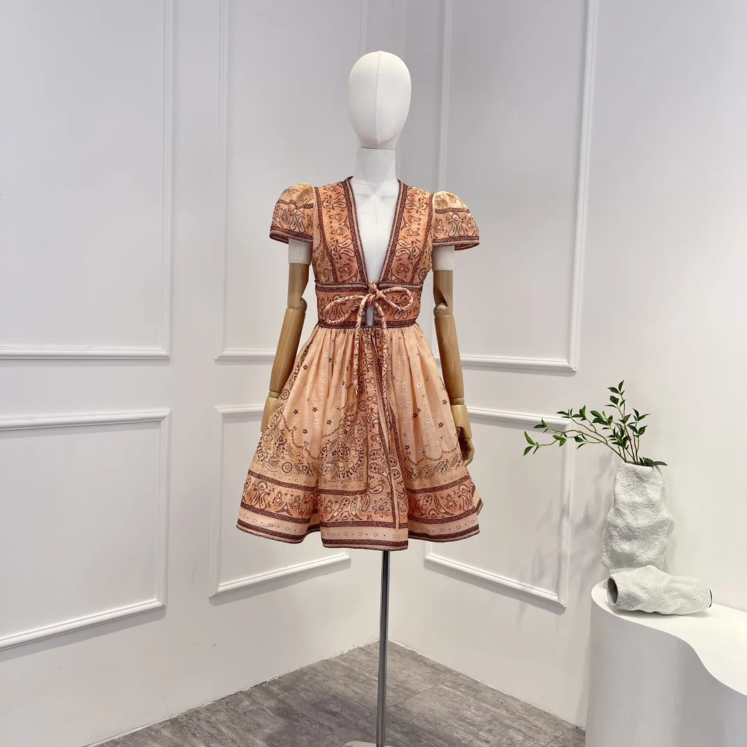 

2023 High Quality New Arrivals Paisley Printing Lace-up Silk Line Vintage Deep-v Neck A-line Short Sleeve Woman Frill Mini Dress