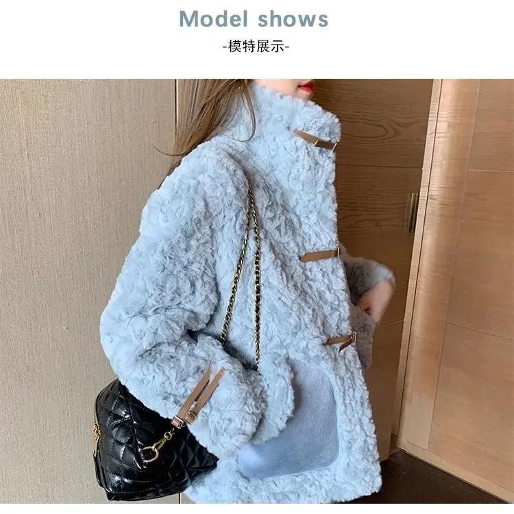 sky blue korean Winter Women Elegant Solid Faux Rabbit Fur Coats Female Soft Blue Warm Mink Fur Jackts Korean Fashion Outerwears