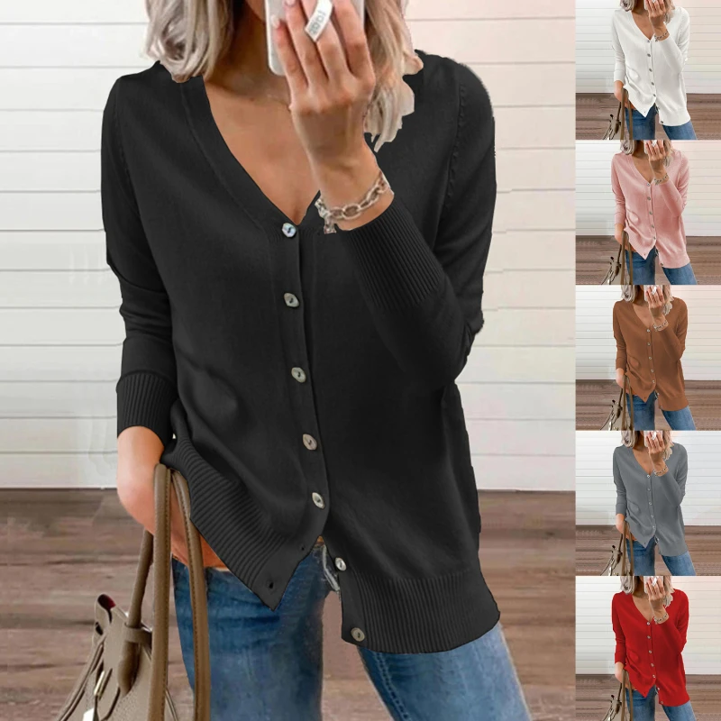 

2021 Autumn Spring Shirts Women Casual V Neck Long Sleeve Button Down Ribbed Knit Tops Vintage Loose Cardigan Shirts