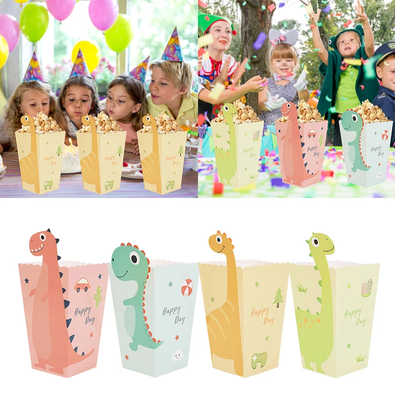 

12pcs Dinosaur Popcorn Box Happy Birthday Snack Treat Box Baby Shower Kids Jungle Animal Party Favors Candy Cookie Packaging Bag