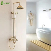LANGYO Gold Bathroom Shower Units Cold Hot Hand Spray Wall Mount Waterfall 3 Handles Faucets Solid Brass Taps