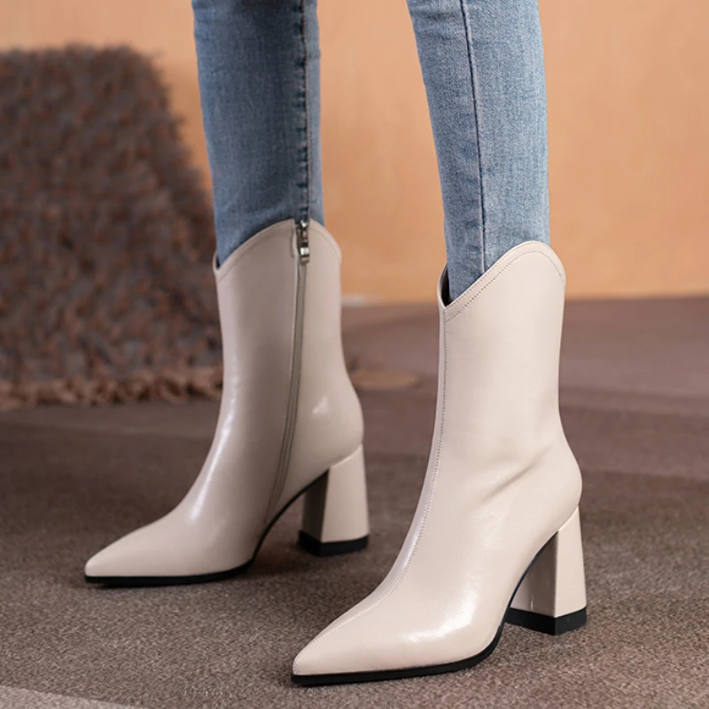 

2022 Square High Heel Fashion Ankle Boots Cow Leather Zipper Women Shoes Autumn Winter Square Toe Ladies Boots Size 34-40