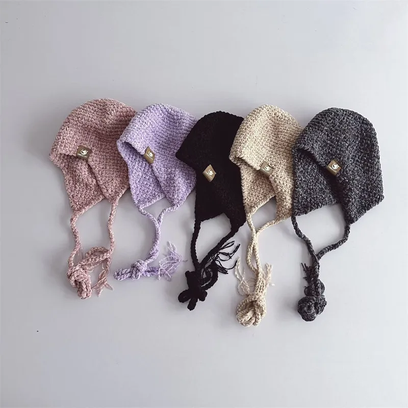 

Korean style children warm ear protection hat 2023 autumn and winter warm chenille baby handmade knitted hat 48-53cm