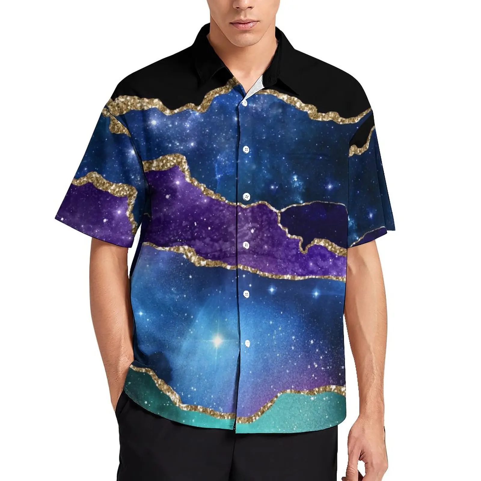 

Gold Glitter Marble Blouses Men Purple Teal Print Casual Shirts Hawaiian Short Sleeve Design Retro Oversized Beach Shirt Gift