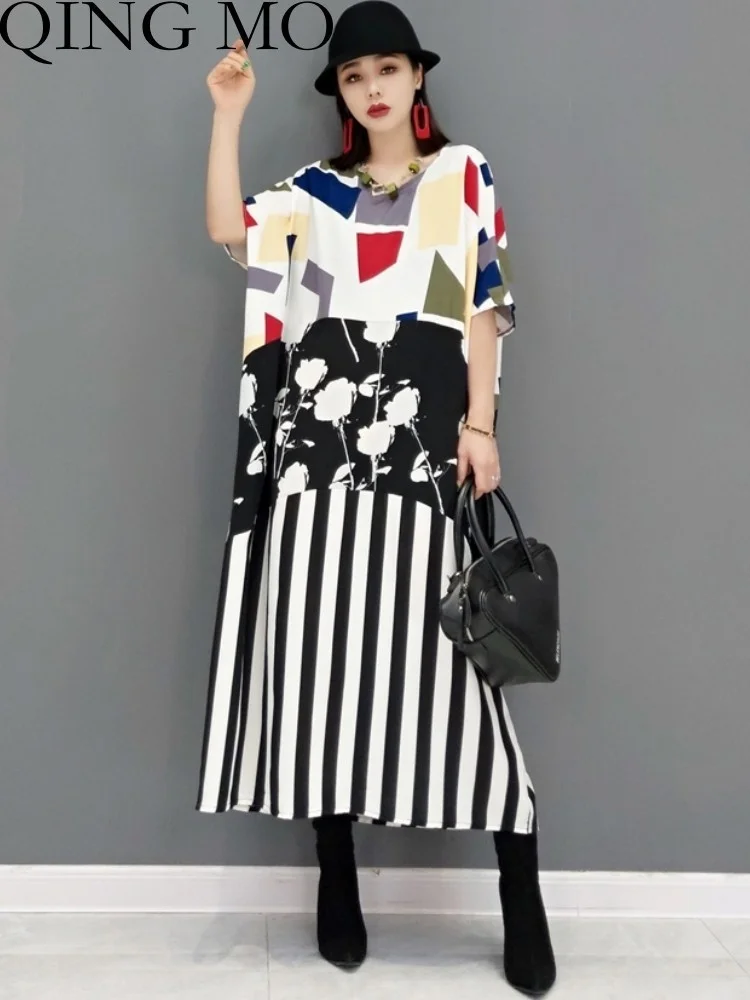 

QING MO 2023 Summer New Fashion Dress Women Half Sleeve Casual T-shirt Print Panel Temperament Women's Wear ZXF2197