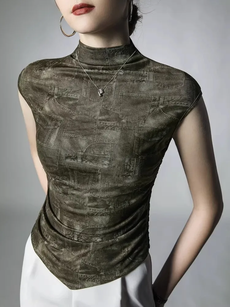 

Women's Half High Collar Sleeveless Printed T-shirt, Raglan Sleeve Bottom Shirt, Korean Fashion Top, Standing Collar