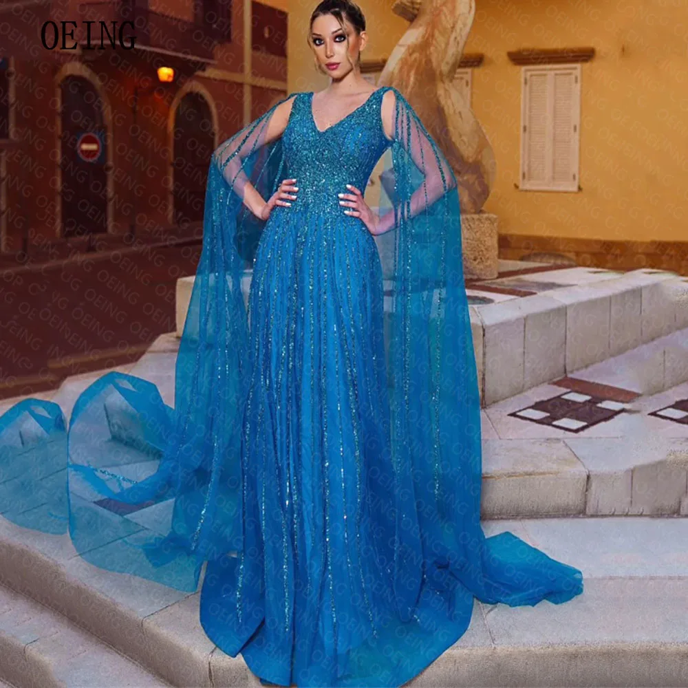 

OEING A-line V-neck Blue Tulle Beadings Cape Sleeves Formal Evening Party Dresses 2023 Court Train Celebrity Prom Gowns Zip Back