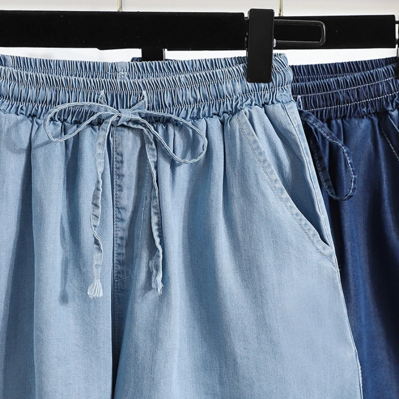 Qiukichonson 5XL Oversize Denim Shorts Women Lace Up 2023 Spring Summer High Waisted Cute Soft Girl Wide Leg Loose Jeans Shorts