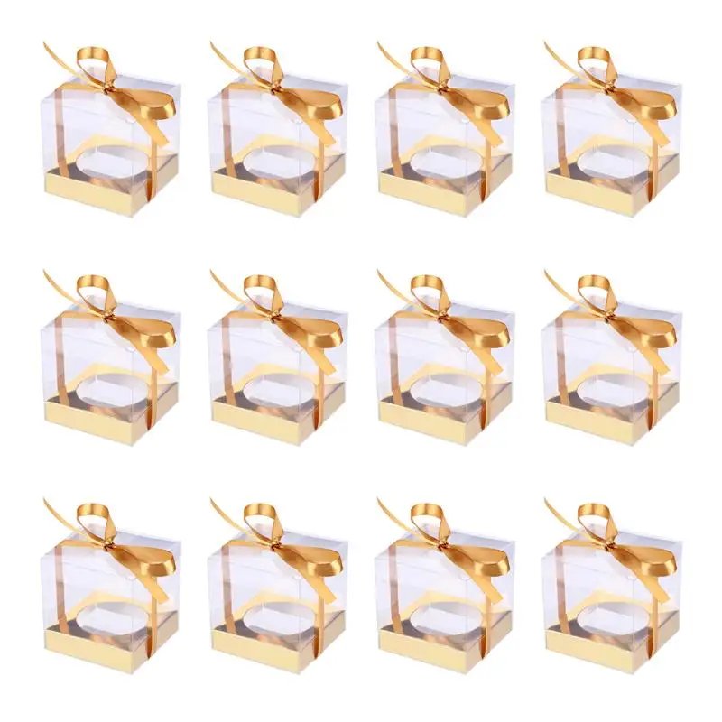 

12pcs 9cm PVC Transparent Cake Boxes Rose Flower Bear Packaging Box With Ribbon Wedding Birthday Party Gift Box