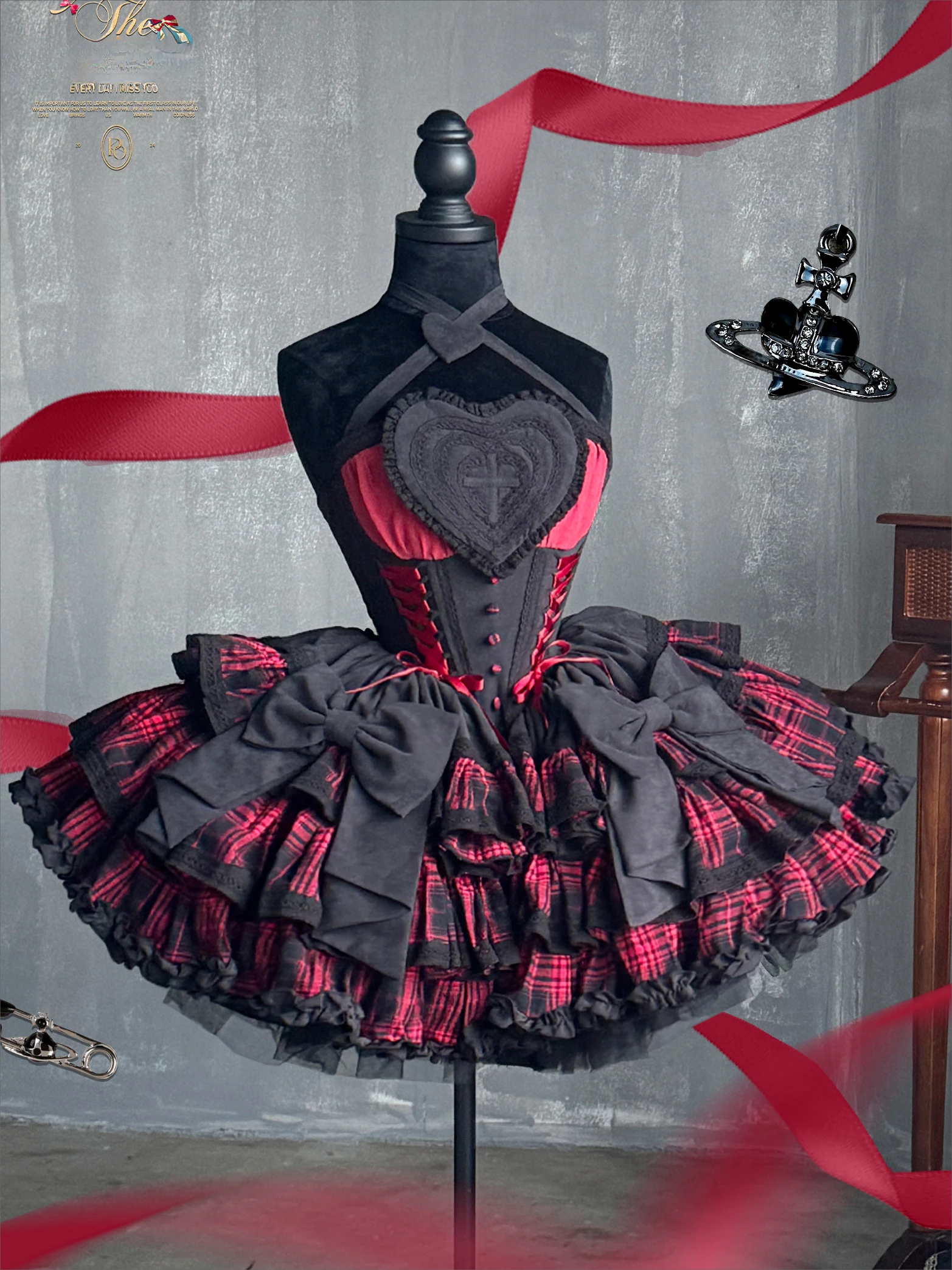 Harajuku Красное и черное клетчатое бальное платье Subculture Girl Платье с открытыми