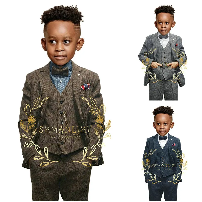 Herringbone Groom Tuxedos Boys Suits For Wedding Kids Party Dress Costume Homme